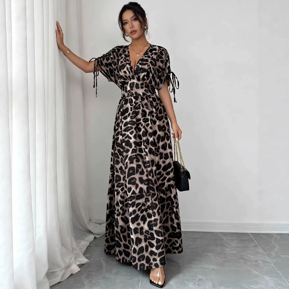ZARA Leopard Print V Neck Short Sleeve Tie Waist Long Flared Dress